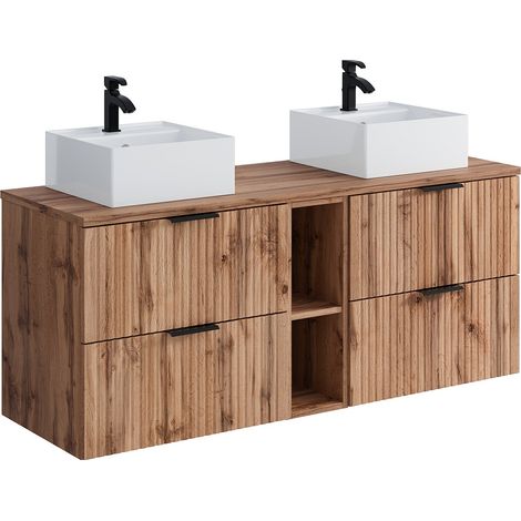 Vente-Unique – Meuble sous vasque suspendu strié 140 cm – Double vasque carrée en céramique – 4 tiroirs et 2 niches – MDF naturel clair