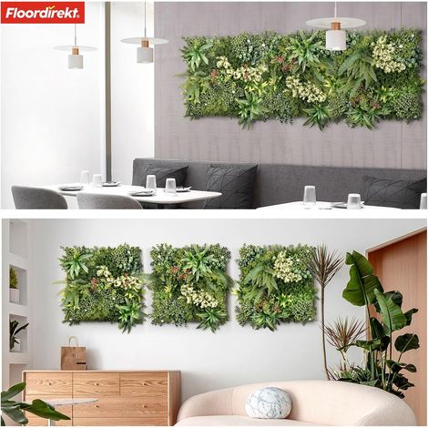 Karat – Mur végétal artificiel 50 x 50 cm – Plastique robuste – Système par clic pour montage rapide – Design avec feuillage vert et fleurs blanches