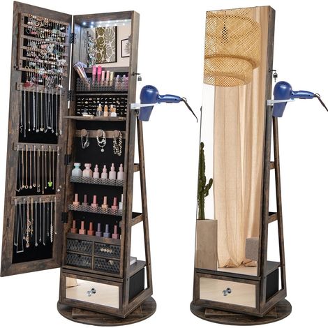 GOPLUS Armoire à Bijoux sur Pied Pivotante à 360°-Lumière LED-Support pour Sèche-Cheveux-Miroir Pleine Longueur Marron