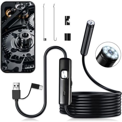 Camera Endoscopique, Camera Canalisation Serpent 1920P 5.5M, 5.5mm 3 en 1 USB Type C avec 8 LED Réglables IP67 étanche Compatible Smartphone iOS iPhone iPad PC pour Inspection Tuyaux Moteurs Bricolage (1/5)