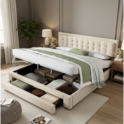 Letto contenitore per adulti 180x200 cm con testiera regolabile, meccanismo di sollevamento idraulico, struttura stabile, velluto beige (1/5)
