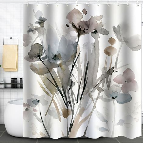 Cortina de ducha, estampado floral acuarela, poliéster, impermeable, ganchos inoxidables, baño (1/5)