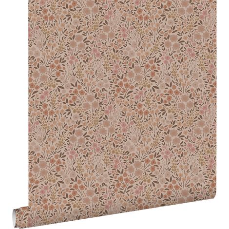 Papier peint à motif fleurs rose terracotta – Dimensions 53cm x 10,05m – Intissé écologique – Raccord droit, impression à base d’eau – Estahome (1/5)