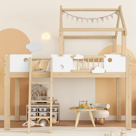 Lit mezzanine pour enfant, 90 x 200 cm, avec barrières de sécurité et garde-corps, échelle à trois marches, blanc + couleur naturelle (1/5)
