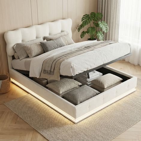Letto contenitore 140x190, illuminazione LED a 7 colori, letto matrimoniale capitonné con testiera a forma di nuvola, letto per adulti con apertura idraulica, velluto, stile scandinavo minimalista(140