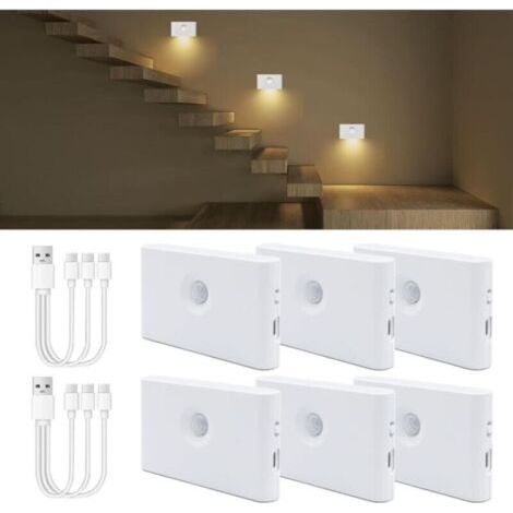 6 Pcs LED Veilleuse avec Détecteur de Mouvement, d'éclairage d'escalier LED marcheur Rechargeable USB, 3000K Blanc Chaud, veilleuse enfants pour chambre, couloir, cuisine (1/5)