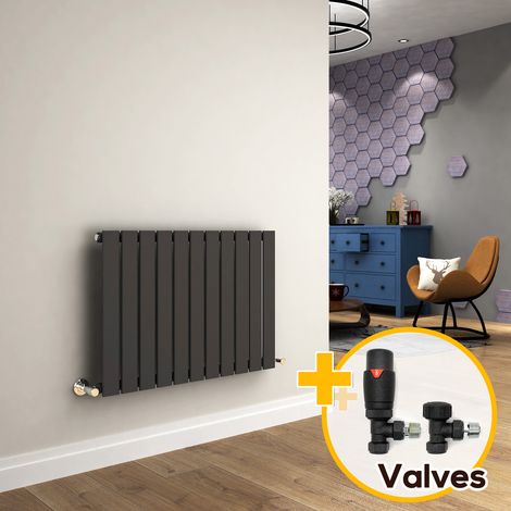 ELEGANT 600 x 836 mm Anthracite Column Radiator Horizontal Single Flat Panel Designer Radiator with Angled Radiator Valves + Anthracite Thermostatic Radiator Valves (1/5)