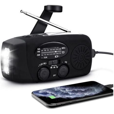 Radio solaire portable AM/FM/NOAA  Manivelle et batterie  Chargeur 2000 mAh  Résistance à l'eau IPX3  Lampe LED 60 lumens - 3-LED (1/4)