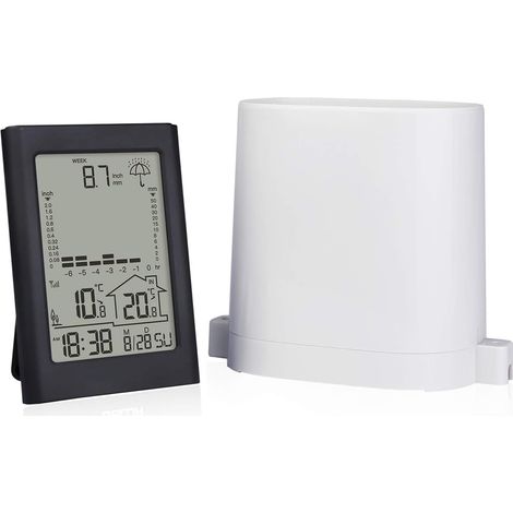 Drahtlose Wetterstation mit Regenmesser, Innen-/Außenthermometer, Regenalarm, Anzeige von Uhrzeit, Wochentag und Datum, LED-Hintergrundbeleuchtung und Digitalanzeige. (1/5)