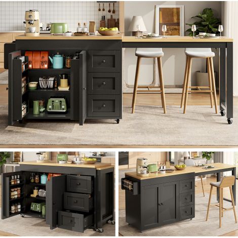 Isola cucina allungabile con spazio contenitivo 116–179,5 cm, ripiano estensibile fino a max. 69,5 cm, con 3 cassetti, ripiani laterali per snack e rotelle, bianco/nero (1/5)