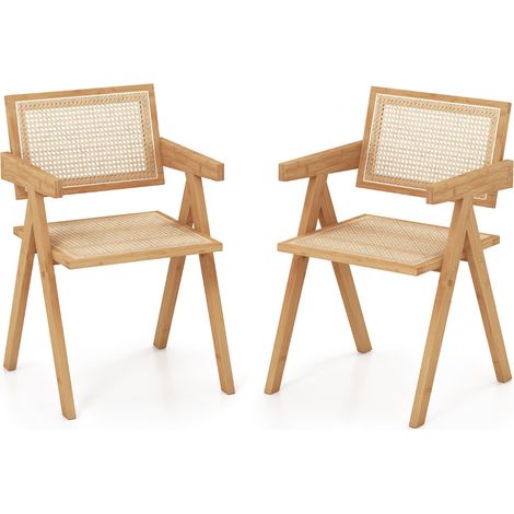 Set 2 Sedie rattan telaio naturale bambù schienale braccioli Sedie pranzo stile mid-century Naturale (1/5)