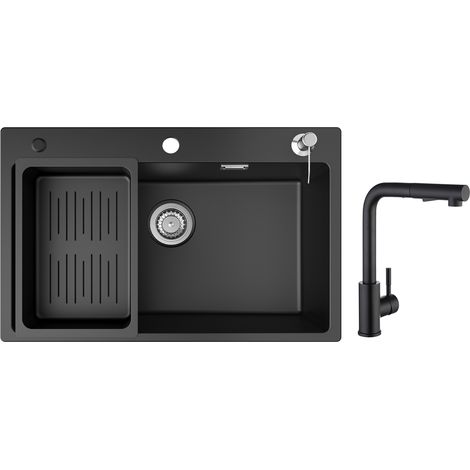 Cecipa Evier 1 Bac en Quartz et Résine 70x45cm Evier de Cuisine avec Panier de Vidange et Distributeur de Savon + Mitigeur de Cuisine avec Douchette Extractible Noir (1/5)