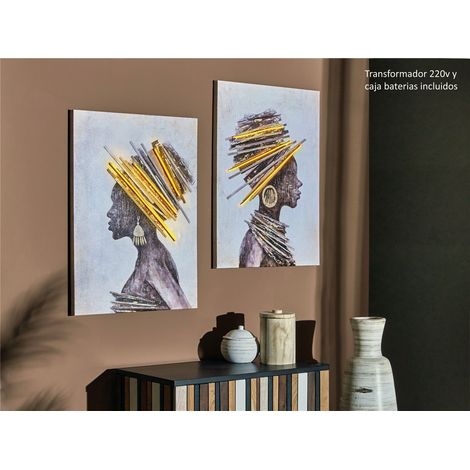 Afrikanisches Profil, bedruckte Leinwand, 50 % Öl, mit LEDs, 60 x 80 cm, 2er-Set, 60 x 3 x 80 cm (1/3)