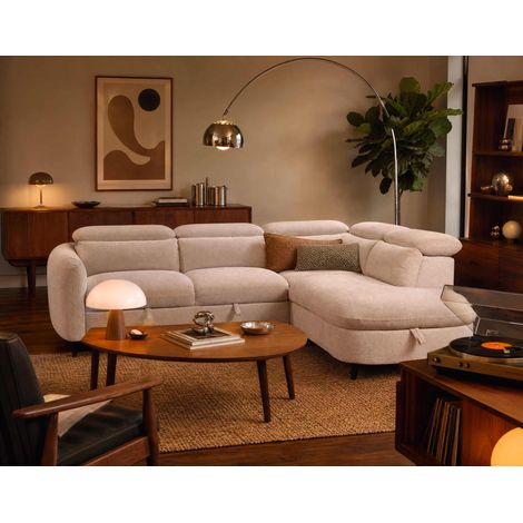 Bestmobilier – Canapé d'angle convertible 5 places – Têtières réglables – Coffre de rangement – Tissu texturé beige – Design contemporain (1/5)