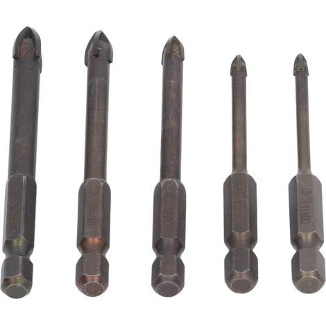 Set aus 5 einzigartigen, kreuzförmigen Sechskant-Hartmetallbohrern für Glas, Keramik, Fliesen, Ziegel und Holz. (1/5)