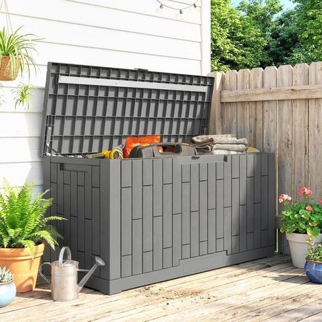 Coffre rangement extérieur Bois Gris 379 L verrouillable vérin gaz aspect 122,5x56x62 cm