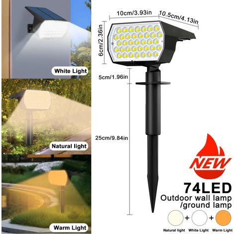 (1 spot solaire tricolore à 74 LED) - Éclairage extérieur étanche pour jardin, aménagement paysager, 3 modes d'éclairage - Applique murale, porte, cour, garage, terrasse (1/5)