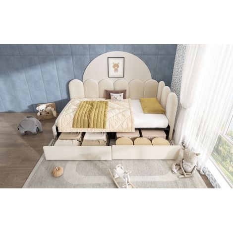 Lit rembourré lit simple avec tiroirs, lit coffre velours, daybed banquette-lit canapé-lit 90x200cm avec sommier à lattes, lit junior/enfant pour adultes, beige (sans matelas) (1/5)