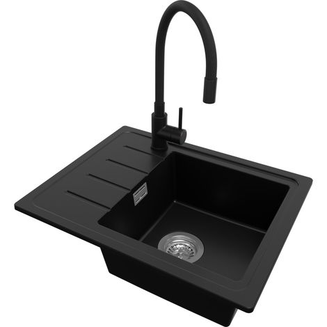 PRIMAGRAN Evier Cuisine en Granit 55x44cm, Lavabo 1 bac + Robinet 40x38cm + Kit de Vidage, Évier à Encastrer au meuble 45cm - Copenhague Easy, Noir
