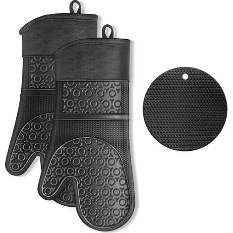 Gants De Cuisine - Silicone Résistant Jusqu'à 260 °C - Lot De 4 Pièces Avec 2 Gants Extra-Longs Et 2 Maniques - Pour Four Plaque Barbecue Pâtisserie (1/5)