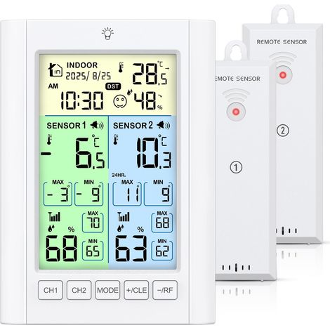 Digital Fridge Thermometer, Freezer Thermometer with 2 Wireless Sensors, Colour Screen, Alarm, Max/Min, Summer Time, Battery/USB Powered for Home, Kitchen (1/5)
