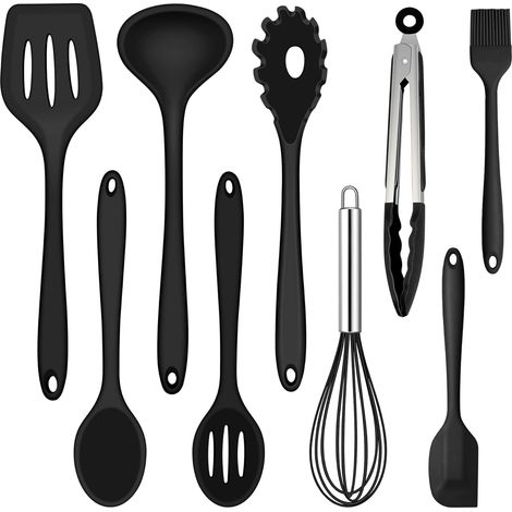 Lot de 9 ustensiles de cuisine en silicone résistants à la chaleur - Avec spatule - Fouet - Pince à barbecue - Couverts de cuisine antiadhésifs pour la cuisson et la cuisson (1/4)