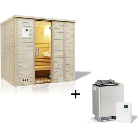 Infraworld Urban 209 gerade Saunakabine Massivholzsauna Fichte 211x209x200 cm Set mit Verdampferofen Hotline S7 (9 kW/1,5 kW), Silikonkabel, Saunasteuerung Saunacontrol A0 und 15 kg Saunasteinen (1/2)