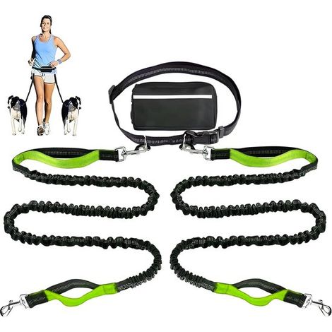 Poignées, laisse double mains libres pour chiens, ceinture élastique et réglable, attache rotative à 360°, absorption des chocs, avec poche zippée pour la course (1/2)