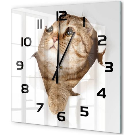 Grande Horloge Murale Carrée Quartz Verre Trempé Design Moderne Salon Chambre Bureau Chat 60x60 cm (1/5)