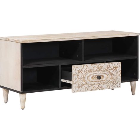 Meuble TV Blanc 100 x 33,5 x 46 cm Bois de mangue massif (1/5)