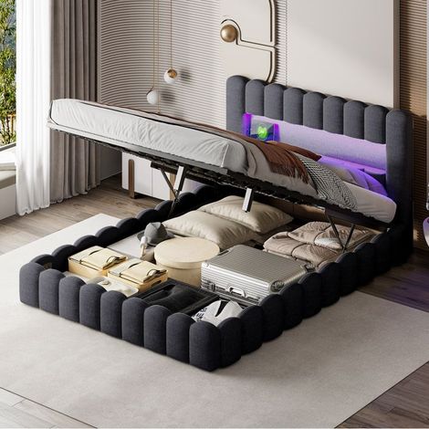 Beleuchtet Bett - 140 x 200 cm - Grau Leinen - Gestepptes Design - Multicolor LED