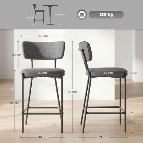 Tabourets de bar (lot de 2), rembourrés et dotés d'un dossier incurvé, pour îlot de cuisine ou coin repas, gris. (1/5)