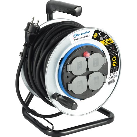 Enrouleur Electrique Professionnel 25M pour Chantier, 4 Prises, IP44, avec Guide, Câble en Caoutchouc H07RN-F 3G1.5