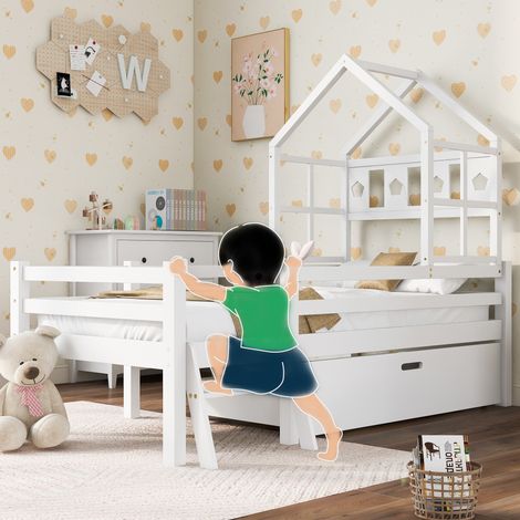 Lit superposé enfant en pin massif 90x200cm blanc, avec échelle et tiroirs, barrière de sécurité incluse, sommier fourni, sans matelas (1/5)