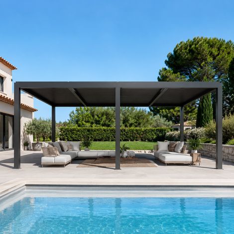 PURPLE LEAF Pergola Bioclimatique 7,39 x 3,68 m Pergola Aluminium Lames Orientables Superficie 27,19 m2 Tonnelle de Jardin Exterieur Belvédères pour Patio Terrasse Exterieur, Gris