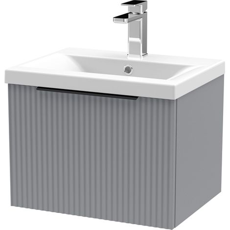 Fluted Front Wall Hung Single Drawer Bathroom Vanity Unit with 1 Tap Hole Basin, 500mm, Satin Grey - Black Handles