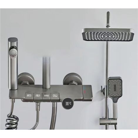 Ensemble de douche mitigeur thermostatique intelli Ensemble de douche à touches de piano, ensemble de système de douche à affichage numérique gris mat en laiton fixé au mur, baignoire de salle de bain (1/5)