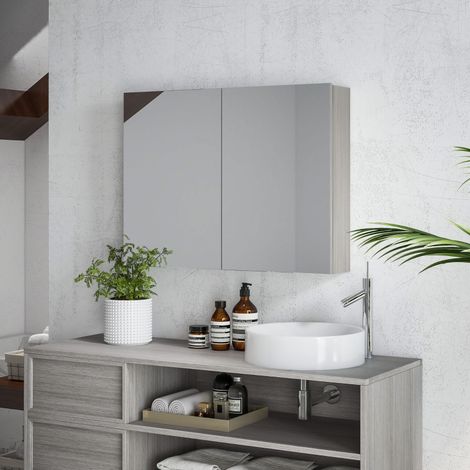 Armoire murale salle de bain avec miroir, meuble salle de bain, double portes et étagères réglables, 80x15x60cm, gris
