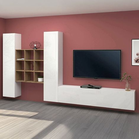 Dmora - Pared Equipada Dcarbon, Conjunto de salón Mueble de TV con 3 puertas, Mueble de salón polivalente, 100% Made in Italy, cm 270x30h180, Blanco brillo y Arce (1/5)