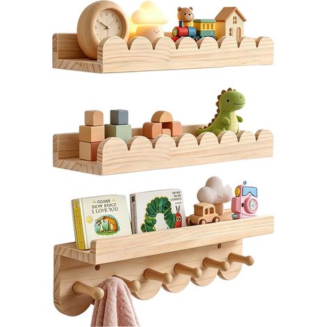 3er Etagere Murale Enfant en Bois Massif avec 6 crochets 40cm Bibliothèque Etagere Murale Chambre pour Livres & Jouets, Étagère Montessori pour Fille Garçon Salle de Jeux Chambre à Coucher Salon (1/5)