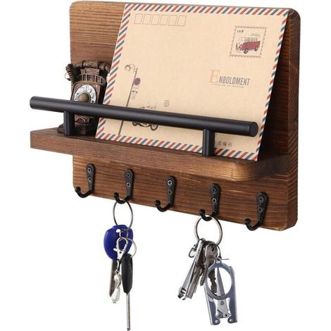 Clés Mural en Bois avec 5 Crochets, Porte Courrier Range Accroche Clef Décoratif (1/4)