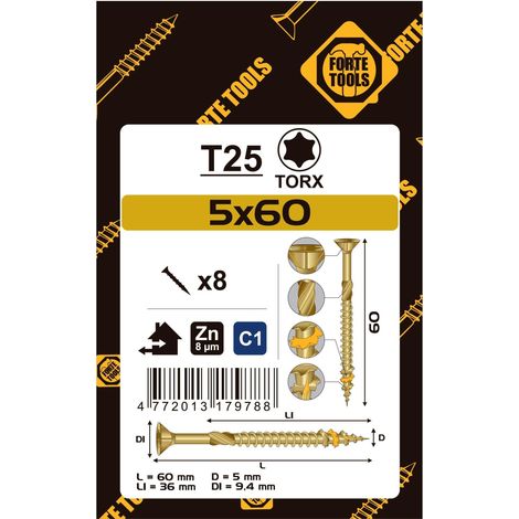 Forte Puidukruvi Yellow Wood Screws 5x60 mm Pack of 8