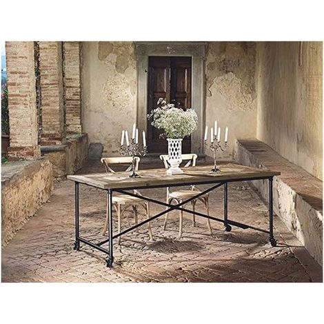 Tavolo in Pino Vecchio E Struttura in Ferro con Ruote Guarnieri Tiglio CM200X100X78