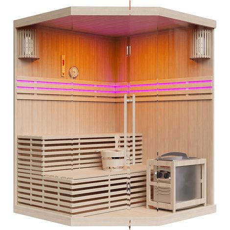 Sauna finlandese angolare vetrata con led e stufa 6KW 3/4 posti L150 x P150 x H200 - KALSOY