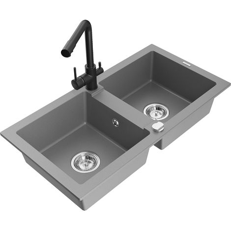 Mexen Mario évier en granit à 2 bacs avec robinet de cuisine Duero, gris - 6504-71-671600-70 (1/5)