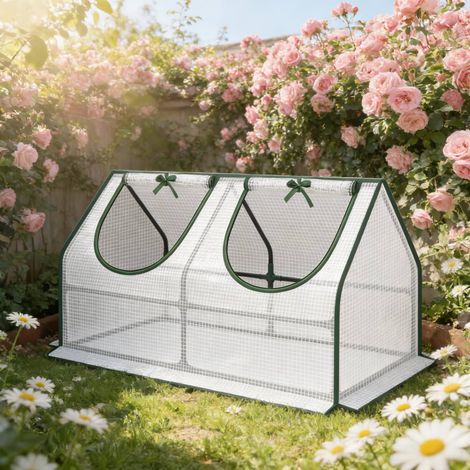 Mini serra da giardino 120x60x60 cm in acciaio e PE bianco, facile da montare, FloraGrace (1/5)