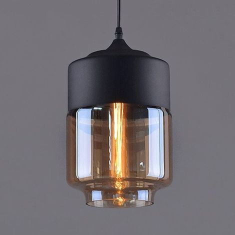 Lampe pendante en forme de lanterne, corps simple en métal, abat-jour cylindrique en verre, lampes créatives nordiques pour tête de lit, restaurant, chambre d'hôtel,Noir ambre