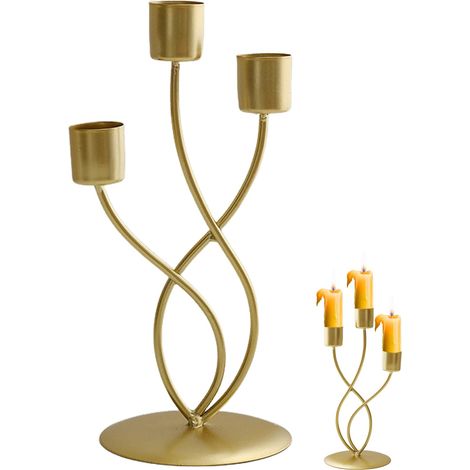 Bougeoir à 3 branches - En métal doré - Pour décoration de la maison, table, cheminée, mariage, bougie de bougie, dîner, anniversaire (doré) (1/5)