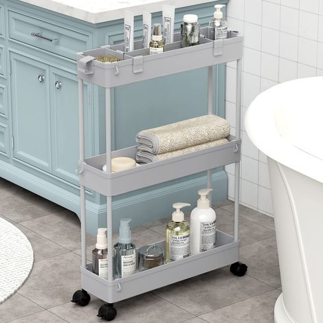 Chariot de Rangement Fin à 3 Niveaux pour Salle de Bain – Chariot de Rangement Coulissant – Étagère Mobile pour Bureau, Salle de Bain, Cuisine, buanderie – Lieux étroits – Gris (1/5)