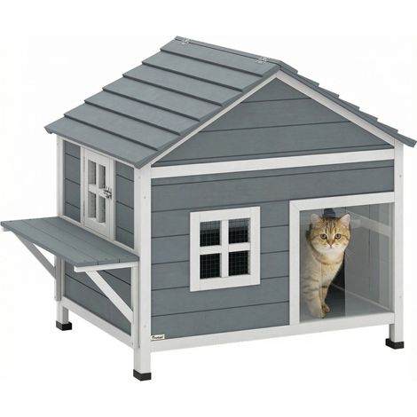 Maison pour Chats en Bois 2 Étage avec Toit Étanche et Plateforme Latérale 101x72,5x81cm Couleur Grise (1/5)